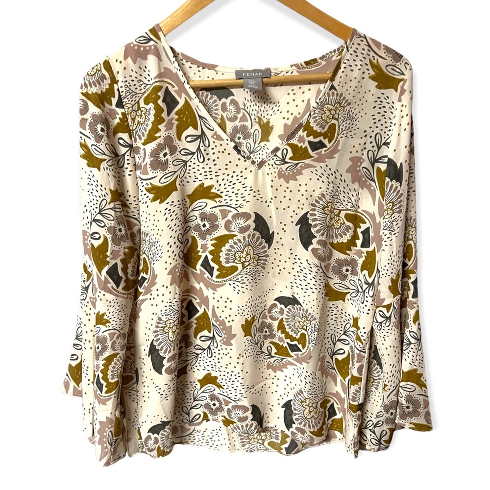 Kenar cute whimsical floral multi print w/ruffle long bell sleeve #5G